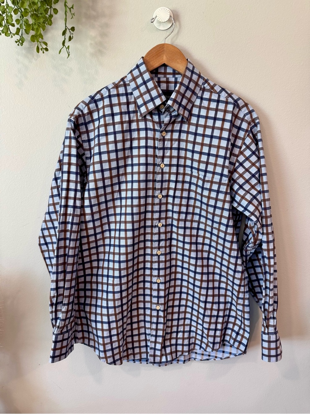 Scott Barber Classic Windowpane Dress Shirt in Blue and Brown Sz M
